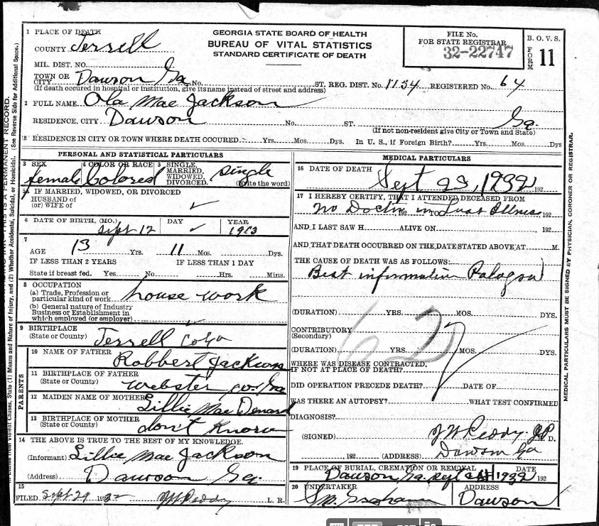 Georgia Death Certificate for Ola Mae Jackson